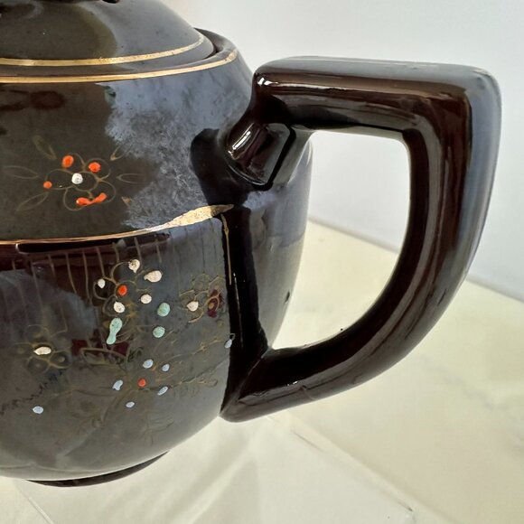1940 - 1950's Vintage Japanese Moriage Teapot Brown Betty Style Glazed Gold Trim - Picture 5 of 14